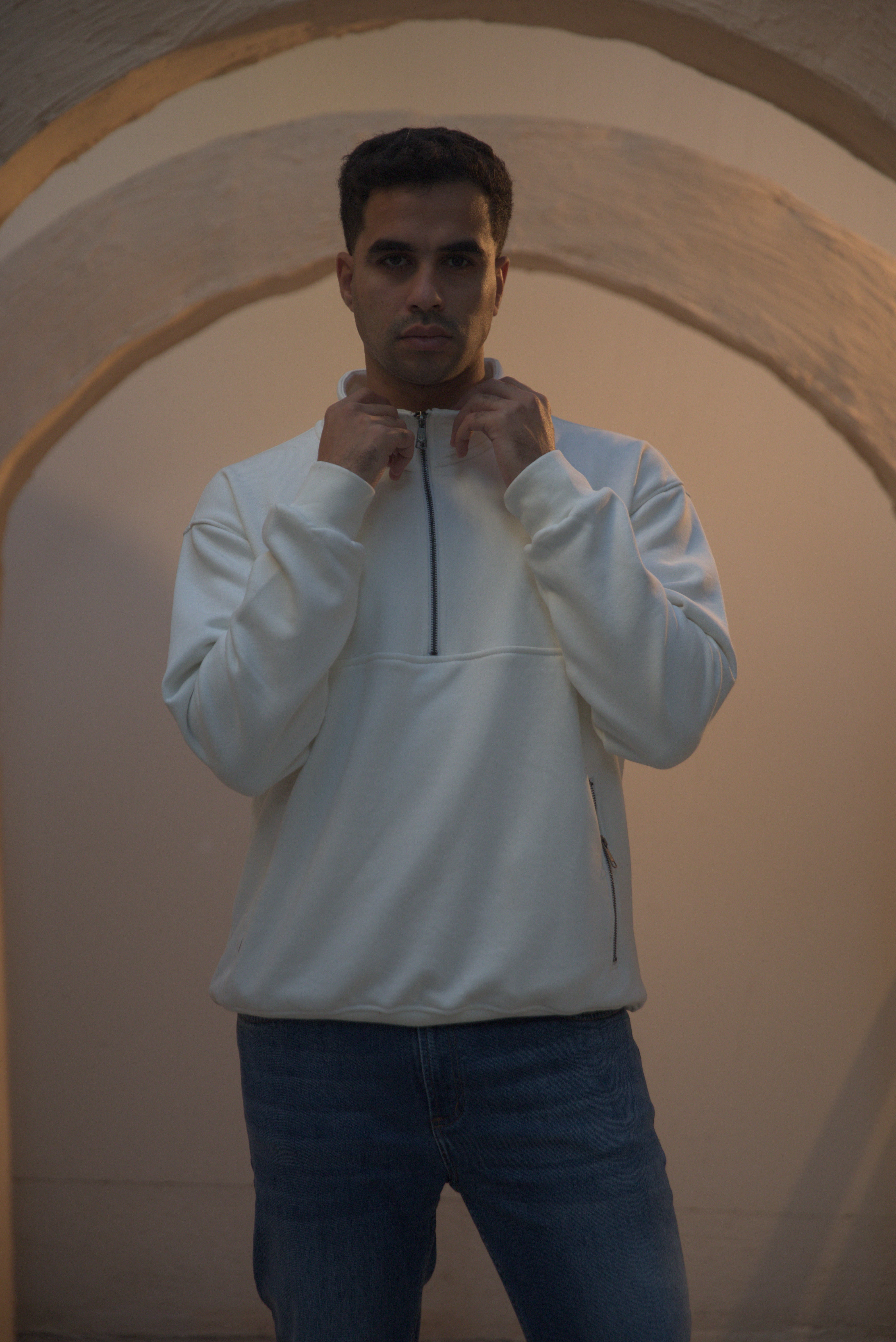 Half Zipper Oversized Long Sleeve Sweatshirt in Off White