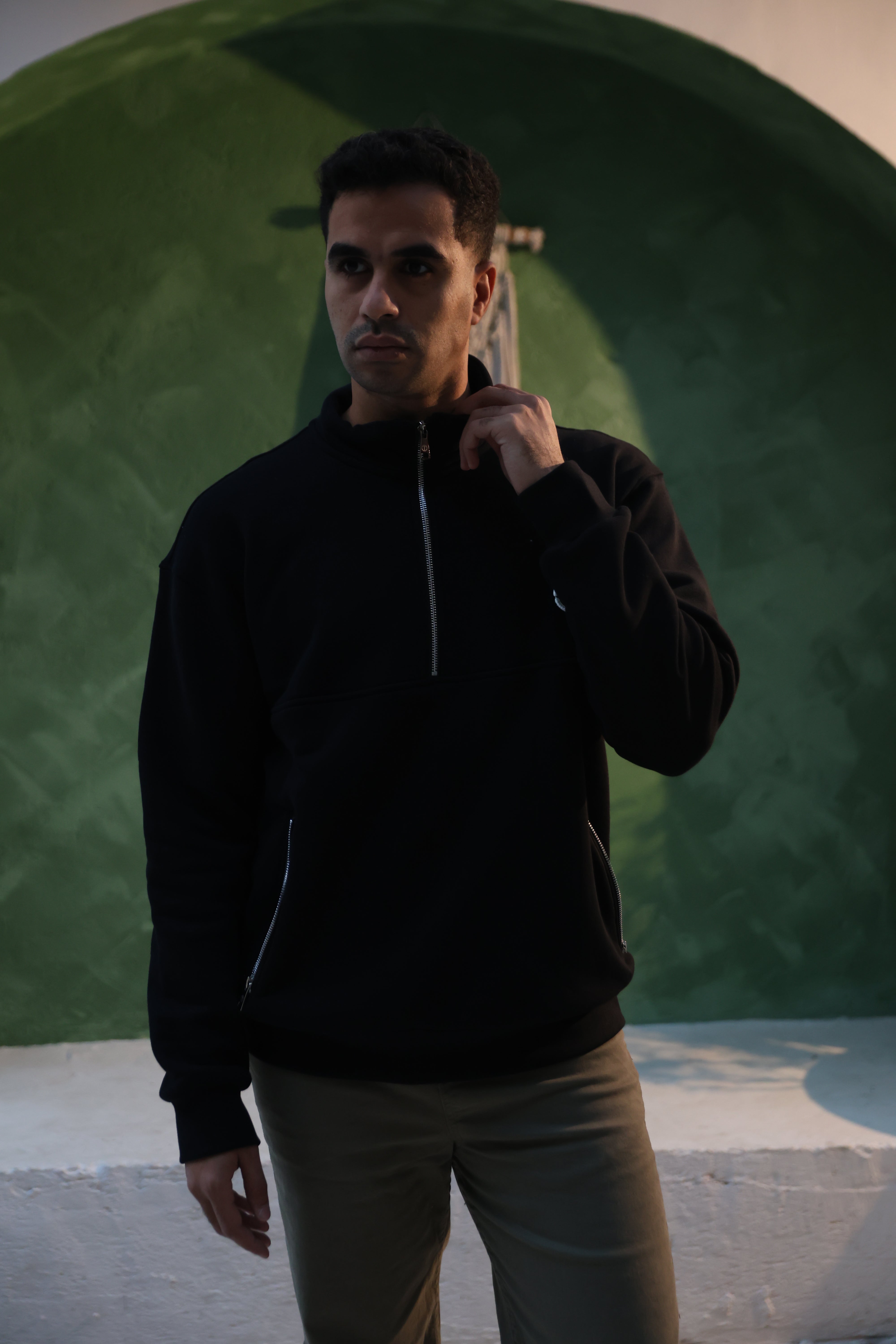 Half Zipper Oversized Long Sleeve Sweatshirt in Black